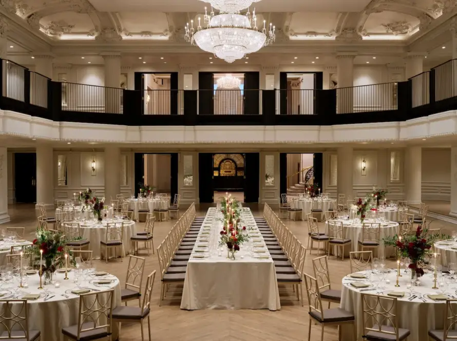 The Grand Belle ballroom at the Bellevue Hotel in Philadelphia set for a wedding reception