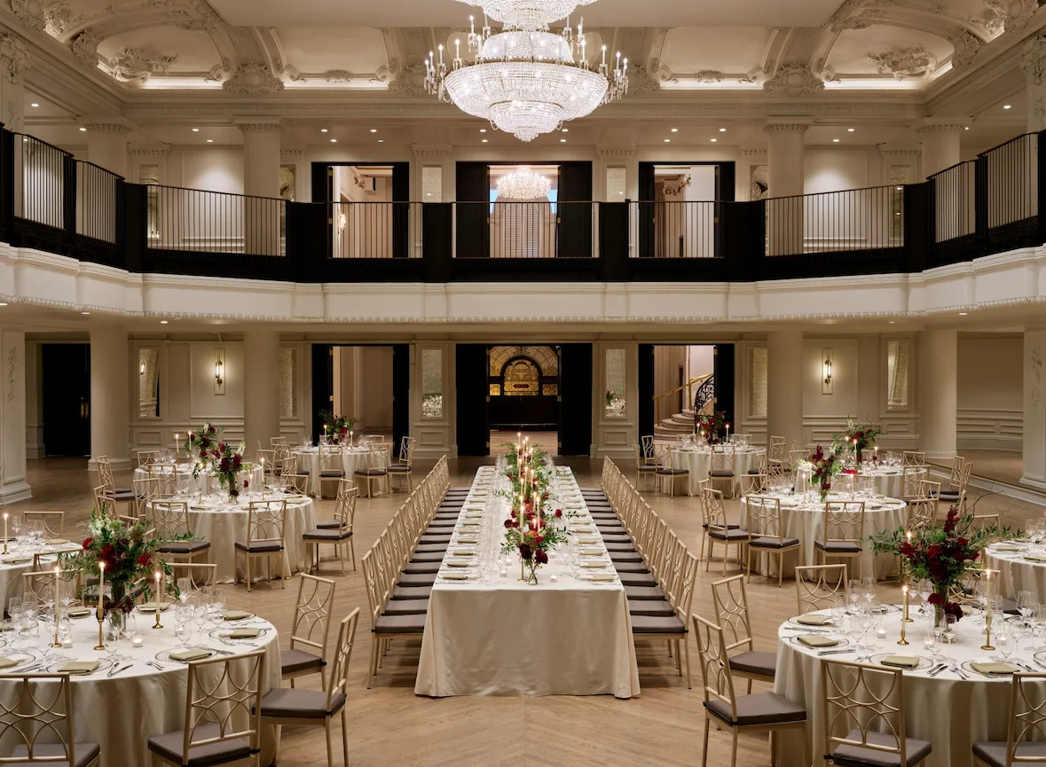 The Grand Belle ballroom at the Bellevue Hotel in Philadelphia set for a wedding reception