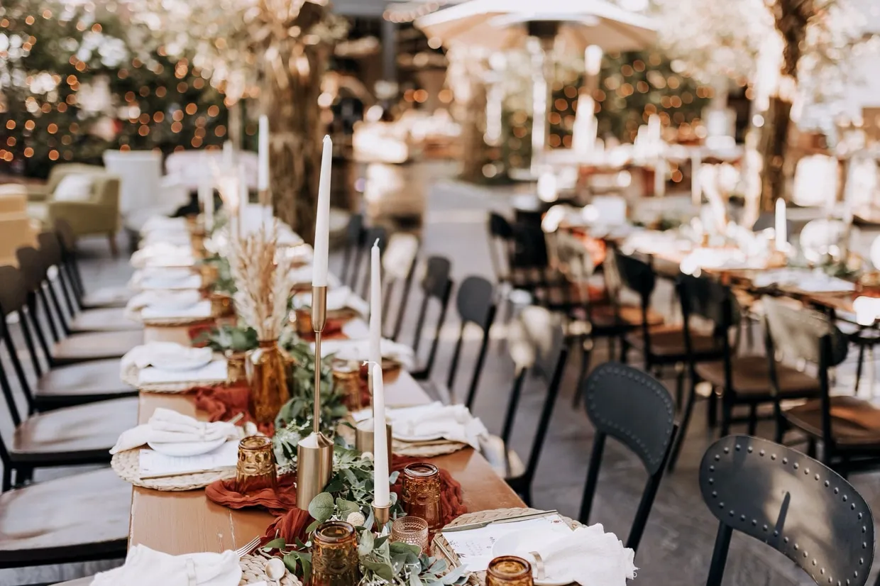 Candlelit wedding tablescape at MudHen Brewery, a Wildwood wedding venue